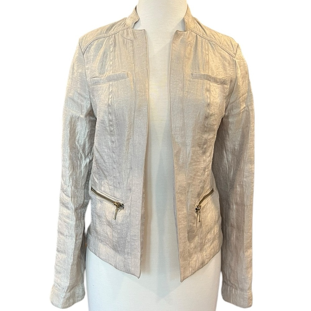 Chico’s Foiled Linen Gold Shimmer Lightweight Jacket Blazer Zip Closure Small - Picture 1 of 12